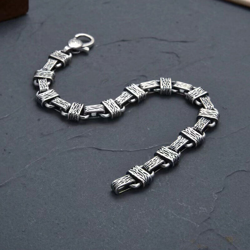 Pure S925 Sterling Silver Bracelet Women Men Vintage 8mm Carved
