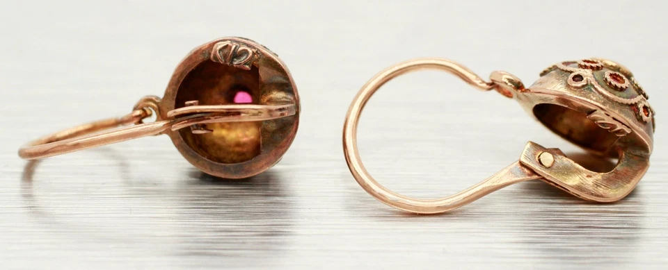 Antique Art Nouveau Ruby Ornate Sphere Drop Dangle Earrings - 14k Rose Gold - Image 4 of 4
