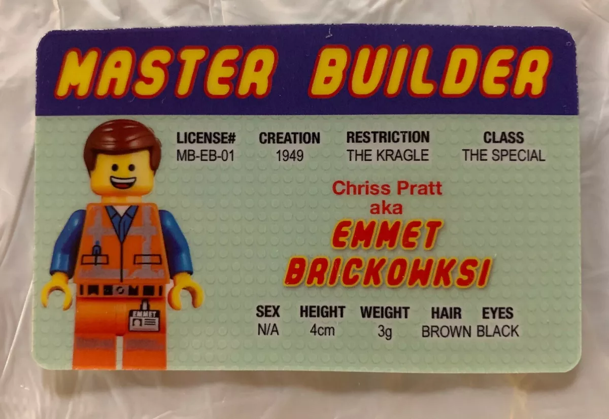 Emmet Brickowski Master Builder License Novelty ID Animated Lego Chris Pratt eBay