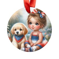 Patriotic Acrylic Ornament with Ribbon, Cute Dog  Girl Design for 4th