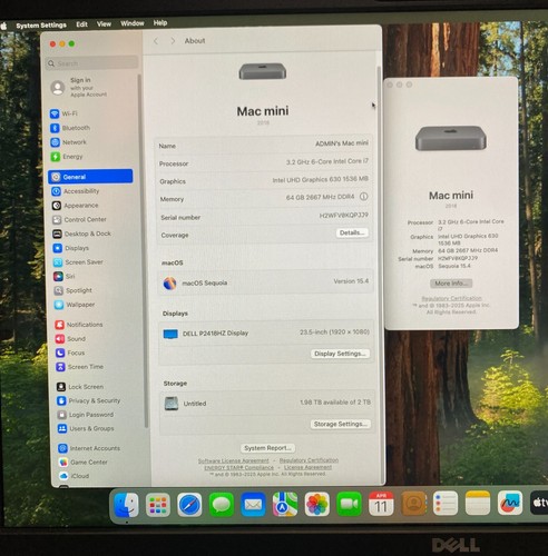 2018 Apple Mac Mini 6 Core i7-8700B/64GB RAM/2TB SSD SEQUOIA H2WFV0KQPJJ9