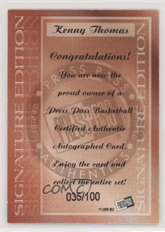 1999 Press Pass SE Auto Prata/100 Kenny Thomas Rookie Auto RC - Imagem 2 de 2