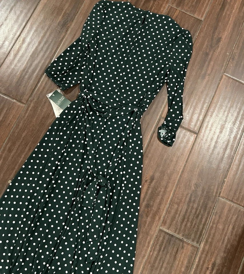 Vestido para mujer Lauren Ralph Lauren a lunares verde y blanco talla 0 Foto 3 de 4