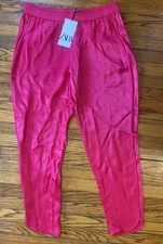 NWT ZARA Pink Satin Pants Women  s Large Pockets Elastic Waist