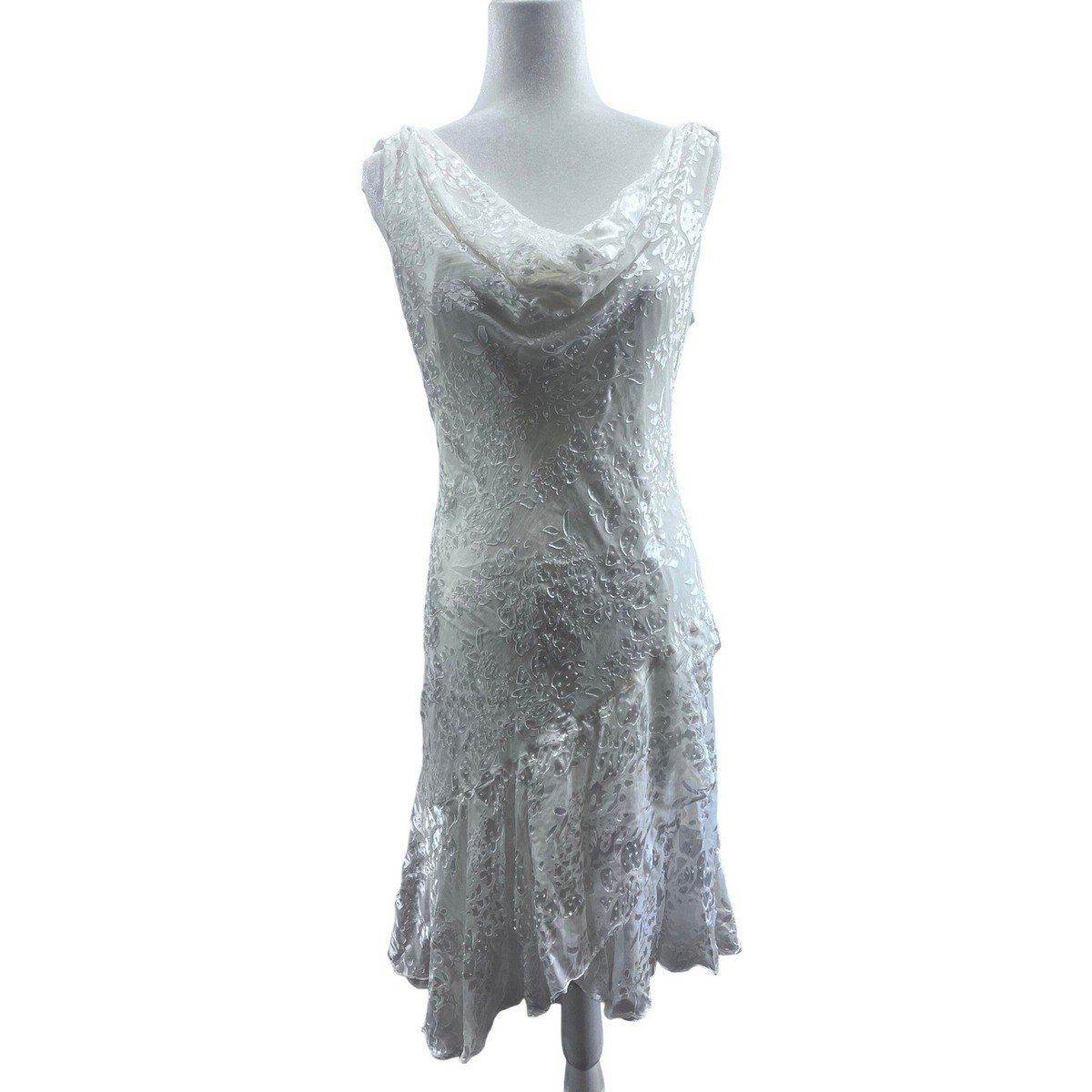 Vintage Alex Evenings Womens Ivory Silk Blend Beaded Cowl Neck Fairy Midi  Dress