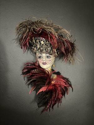 Unique Creations Decorative Wall Mask Ceramic Feather Red Black Gold Art