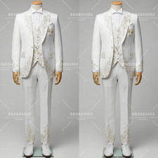 Beaded Men's Suit White Prom Outfits Wedding Bridal Formal 3Pcs Groommen Jacket
