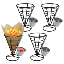 4 Pack French Fry Holder, French Cone Fries Basket with Sauce Cup, Metal Wire...