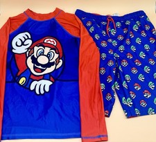 Super Mario Boys Rash Guard Shirt  Matching Swim Trunks Set Size 14
