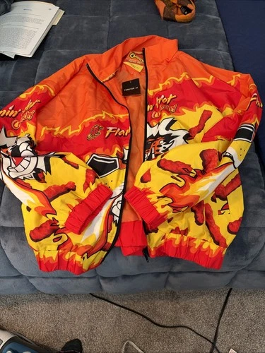 Forever 21 Cheetos Flamin Hot Crunchy Windbreaker Jacket Chester Cheetah Orange - product listing photo
