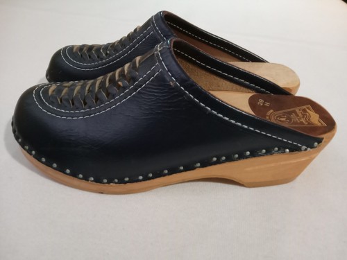 BASTAD TOFFEIN Wood Clogs EU 39 Women's 8/8.5 Navy Blue Anatomisk Leather Sweden - Picture 7 of 10
