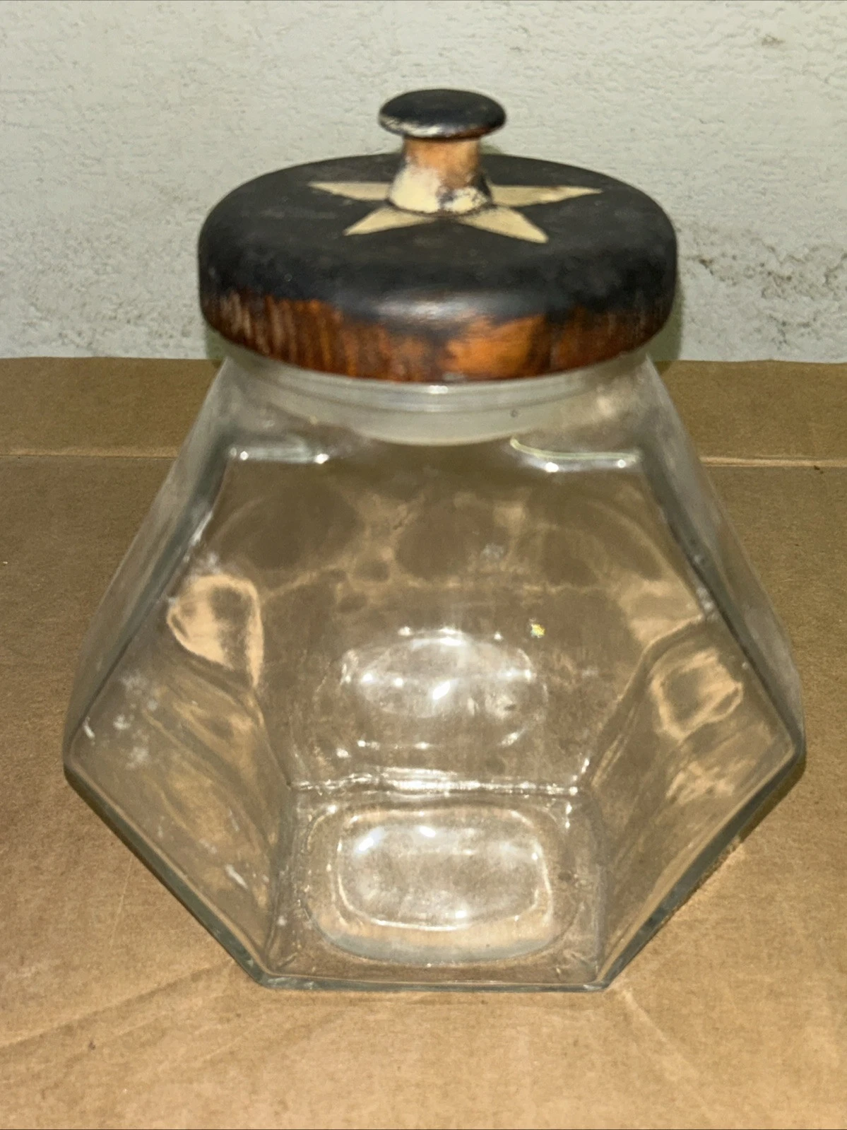 Large Glass Storage Jar Candy Hexagon Vintage Merchant Canister w/ Wood Lid