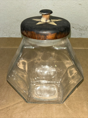 Large Glass Storage Jar Candy Hexagon Vintage Merchant Canister w/ Wood Lid