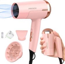 PRITECH Dual Voltage Hair Dryer with Diffuser, 1200W, Compact, Foldable, Pink