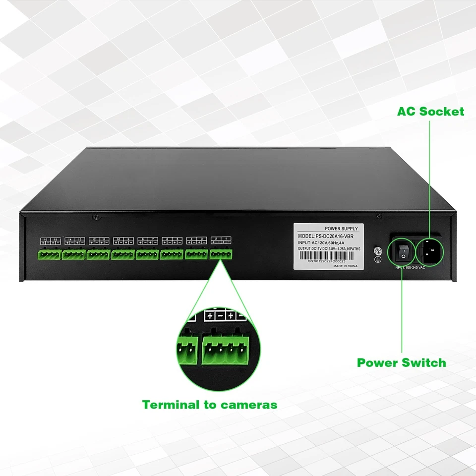 DC 16CH VBR CCTV 12V 20A Distributed Power Supply Rack Mount With UPS and PTC - Image 3 of 4