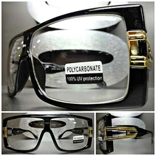 OVERSIZED VINTAGE RETRO Hip Hop Clear Lens EYE GLASSES Large Black & Gold Frame