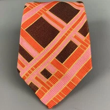 NO BRAND Brown Pink Orange Plaid Silk Tie