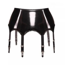 Black Shiny Glossy Patent Leather 6 Straps Garter Belt Metal Clips Girdle Skirt 
