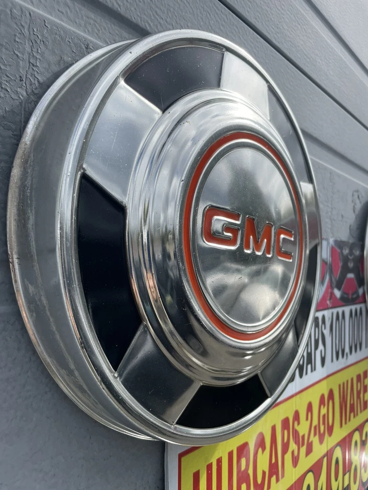 "Juego de 4 tapacubos GMC originales 1974-87 15"" raros cromados/naranja hermosos como nuevos usados" Foto 3 de 4