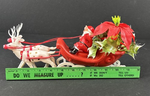 Vintage Plastic Santa Claus Sleigh 2 White Reindeer & Poinsettia Christmas 12" - Picture 17 of 17