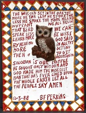 BF Perkins  FOLK ART   relief painting Wise Old Owl Outsider art 1988 vintage