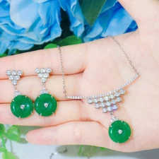Lady Vintage Silver Plated Green Round Drop Earrings Necklace Zircon Jewelry Set