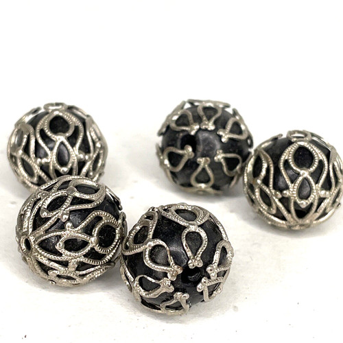 Antique Old Loose Beads Black Silver Overlay Wire Filigree Vintage 13 mm