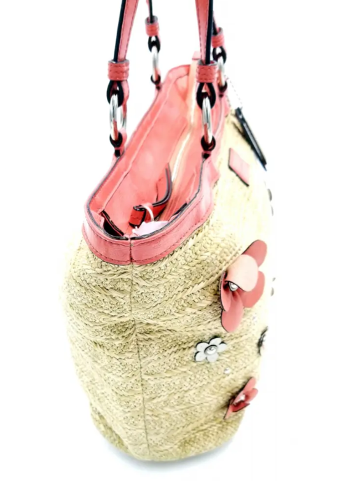 Coach Straw Floral Embellished Zip Top Bag W/Coral Pink Patent