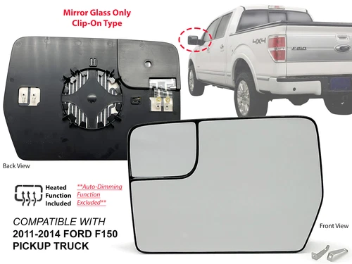 For Mirror Glass with Corner Spotter Lens Heated 2011-2014 FORD F150 Driver Side