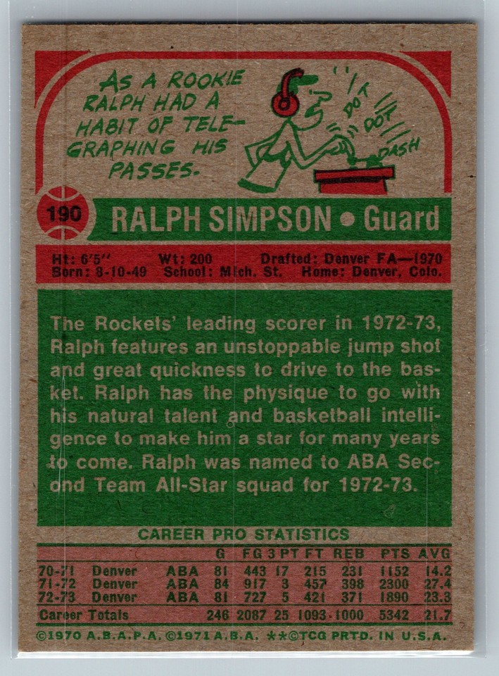 1973 Topps Ralph Simpson 190 Denver Rockets AS | eBay