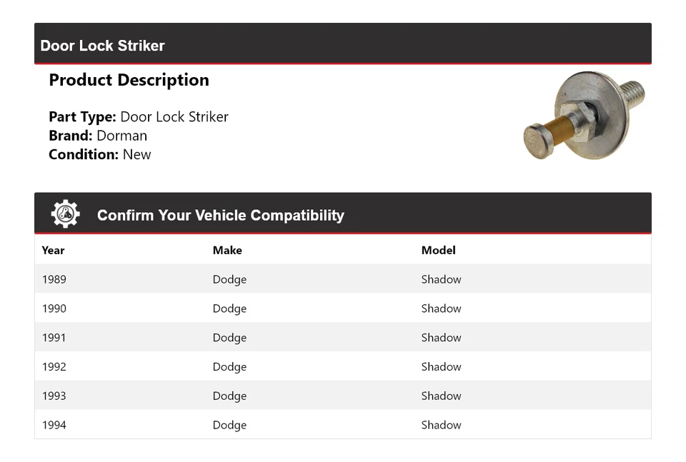 Cerradura de puerta Striker 1990 1991 1992 1993 Dodge Shadow Dorman 1989-1994 Foto 2 de 4