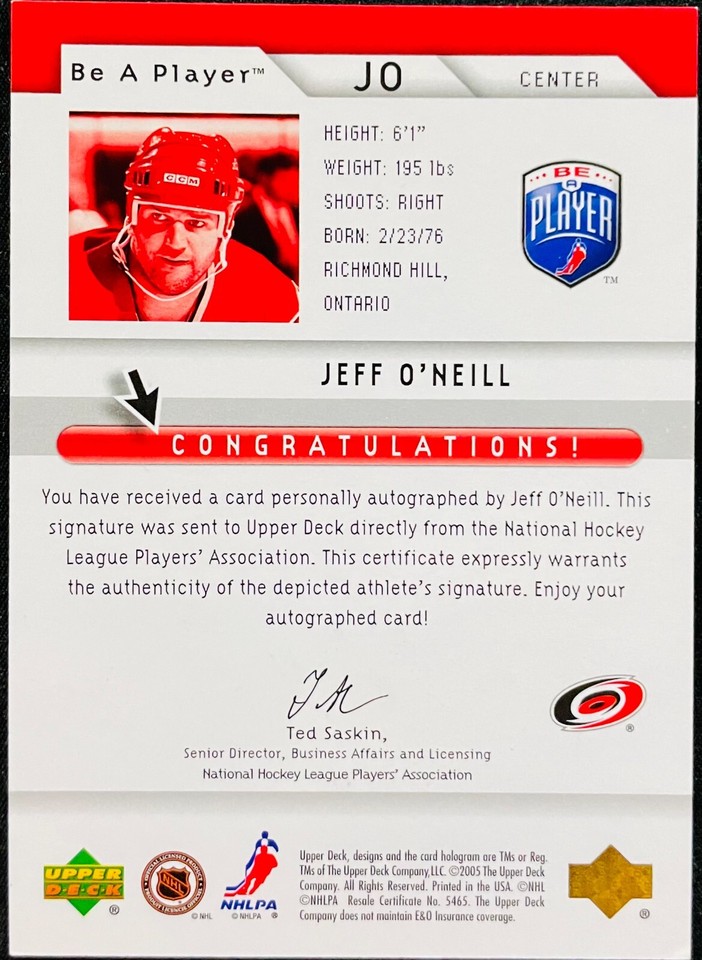 2005 JEFF O'NEILL UPPER DECK BE A PLAYER AUTOGRAPH JO eBay
