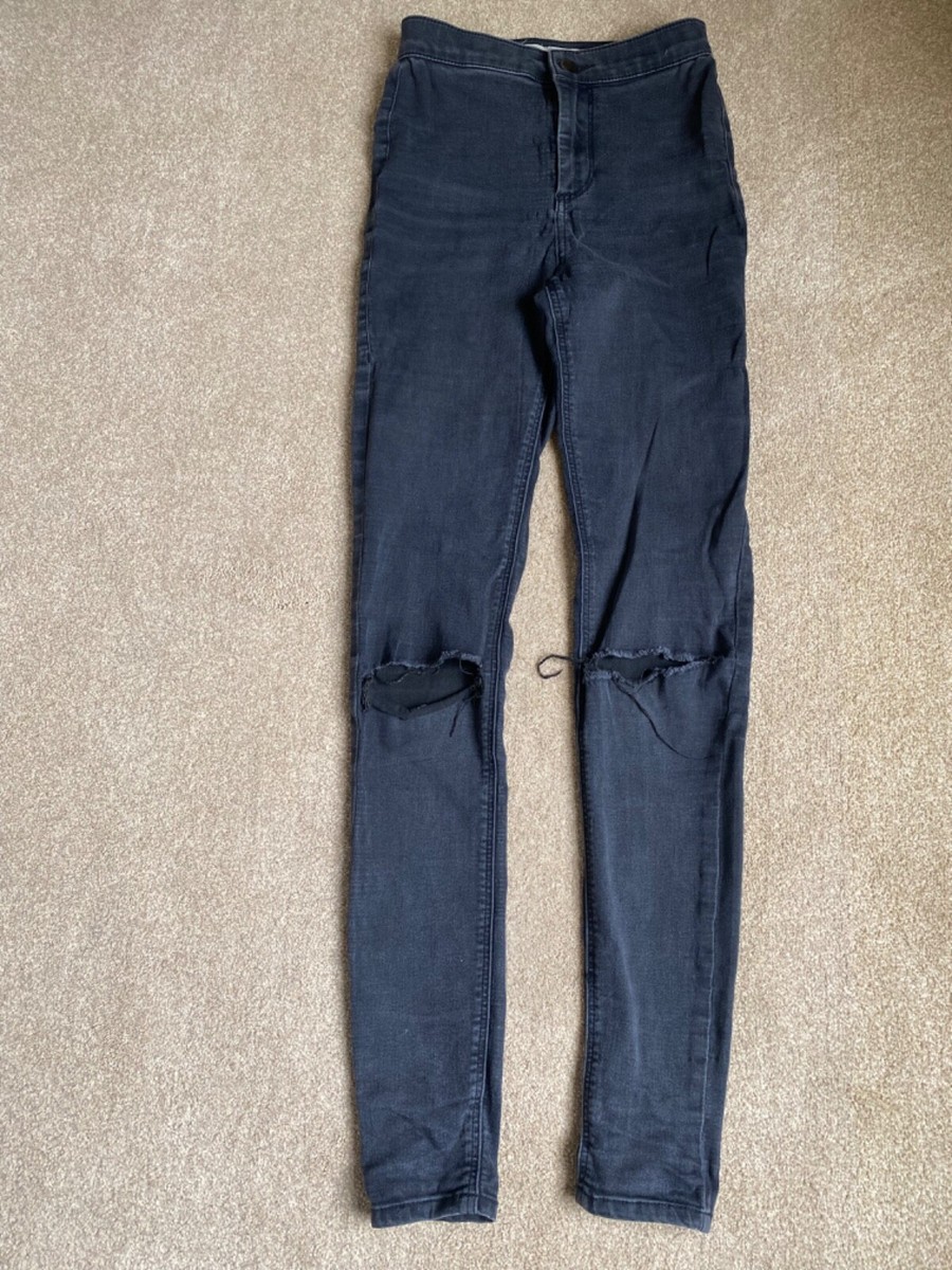 TOPSHOP Black Joni Jeans Size W26 L34 Washed Ripped Knees Stretch