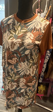 Brown Multicolor Floral T-Shirt Dress Tropical Knee Length Short Sleeve Women's