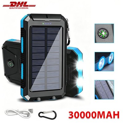 Solar Powerbank 30000mAh mit 2 USB Ausgängen LED Taschenlampe für Outdoor