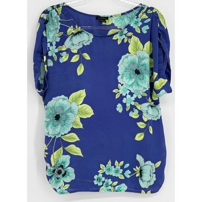 Nue Options Womens Blue Floral Split Sleeve Scoop Neck Blouse Top Sz S