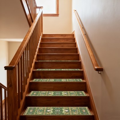 15pcs of Green Floral Patterned Stair Carpets, Long Runner Carpets, Non-Slip S