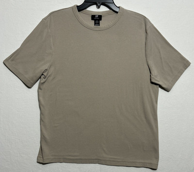 H&M Men's Slim Fit Medium Light Brown Vertical Textured Short Sleeve Shirt