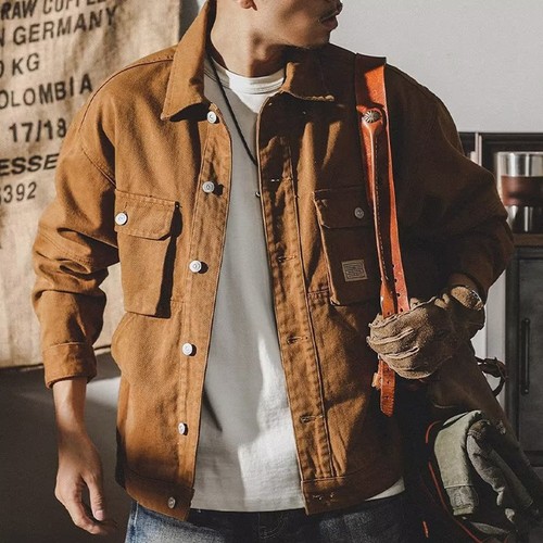 Herren Cargo Jacke Mit Umlegekragen In Kamel Farbe Langarm Polyester Freizeit - Bild 2 von 13