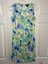 Chaps Watercolor Floral Sheath Dress Womens Size 4 Blue Green Cotton Sleeveless