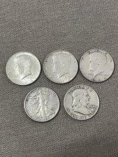 5x Silver Half Dollar 90% 1964 Kennedy (3) 1945 Walking Liberty 1958 Franklin