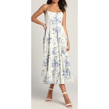 NWOT Lulus Small Mykonos Mood Ivory Floral Print Tie-Strap Tiered Midi Dress