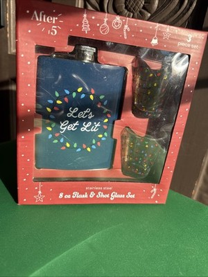  Let s Get Lit  Blue W Lights 3 Piece Hip Flask & Shot Glass Set Christmas