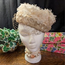 Cream Straw Mid Century Vintage Pillbox Hat, Flowers  Net Veil, French Room SBF