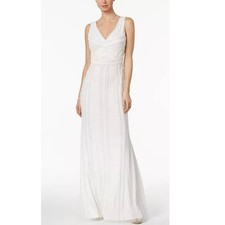Adrianna Papell White formal wedding bride allover sequin beaded Gown Dress SZ 2