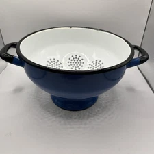 Vintage Rustic Blue White Black Enamelware Colander Strainer Sieve With Handles