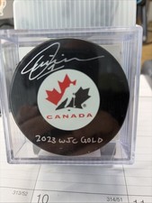 Thomas Milic Autographed Team Canada 2023 WJC Inscribed Puck