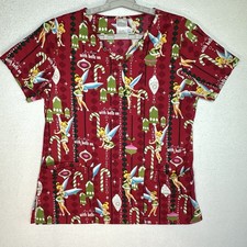 Disney Tinkerbell Holiday Scrub Top S Red Burgundy There With Bells On Christmas
