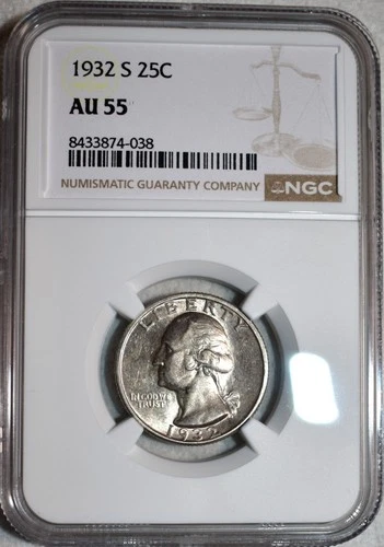 NGC AU-55 1932-S Washington Silver Quarter, Highly Lustrous, Key-Date!
