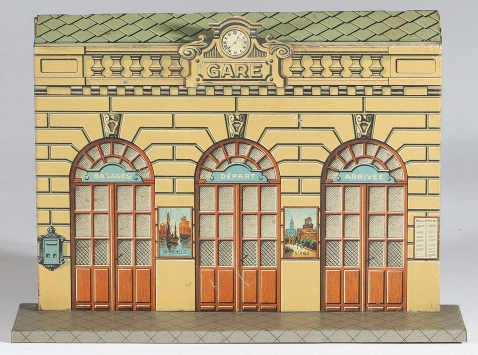 Antique jouet JEP Jouet de Paris tôle échelle 0 gare facade années 1910 - Immagine 3 di 4